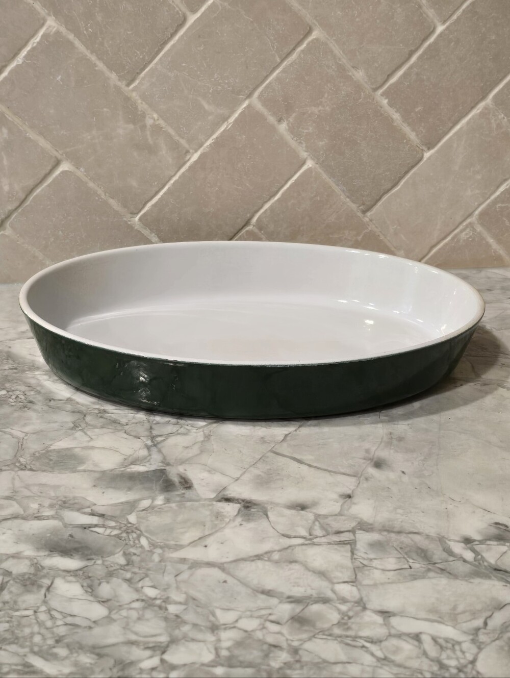 Vintage French Emile Henry 13" Dark Green Oval Stoneware Baker
